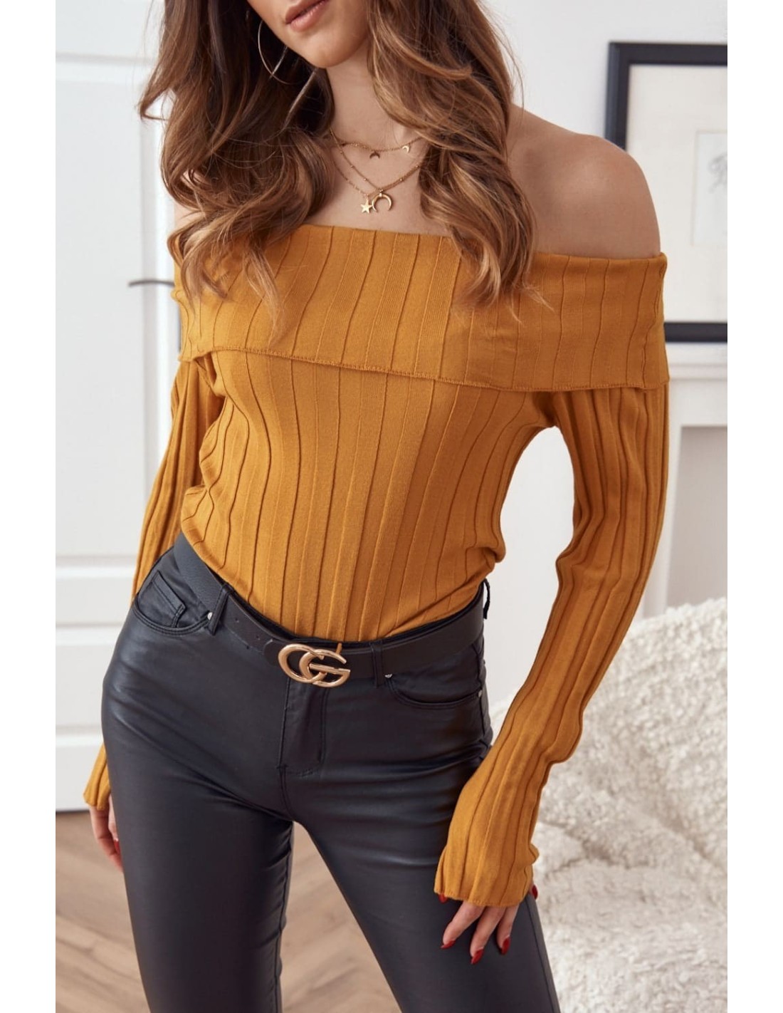 Short blouse with bare shoulders, mustard MP32763 - Online store - Boutique